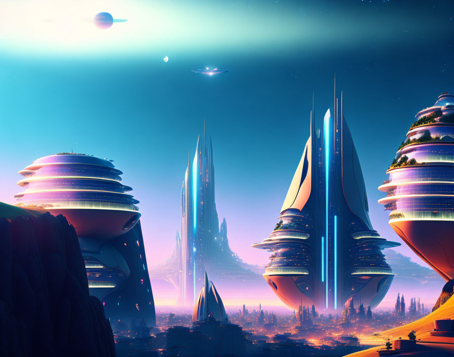 Futuristic cityscape with towering buildings under alien sky