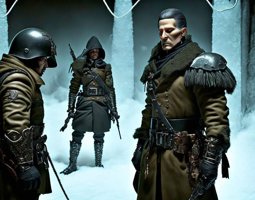 Three Military Figures in Snowy Terrain with Prominent Coat