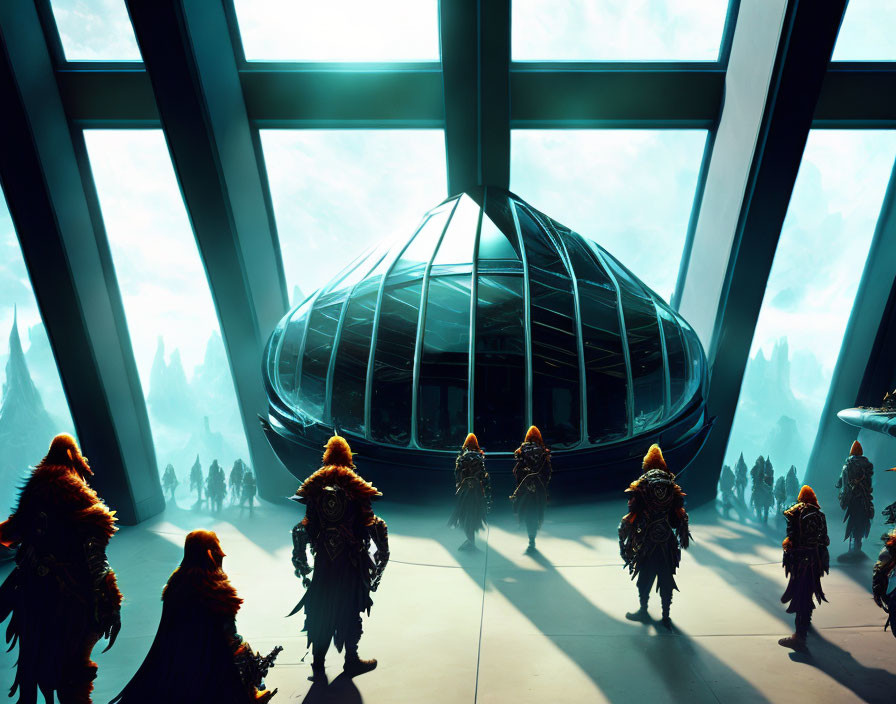 Futuristic interior with ornate armor-clad figures near domed structure and tall trees.