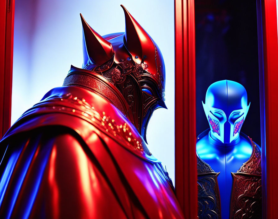 Ornate red armor figure next to blue mirrored figure in horned helmet