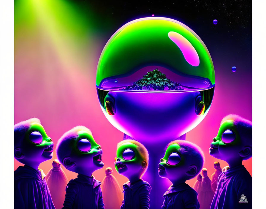 Stylized alien figures with oversized heads and glowing eyes surrounding a levitating green orb in a cosmic