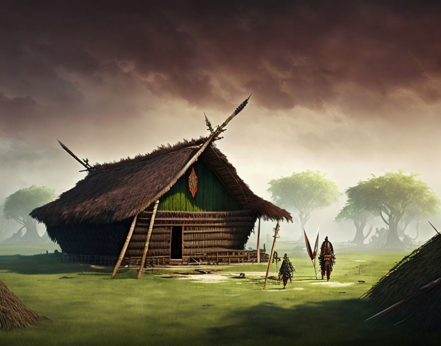 Traditional Thatched-Roof House with Figures in Armor on Grassy Field