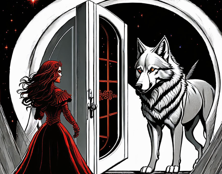 Woman in red gown near circular space doorway with wolf against starry backdrop