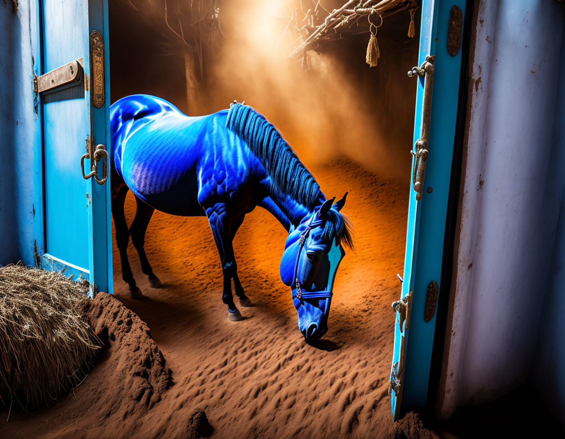 Glowing blue coat horse in stable with dramatic lighting and hay