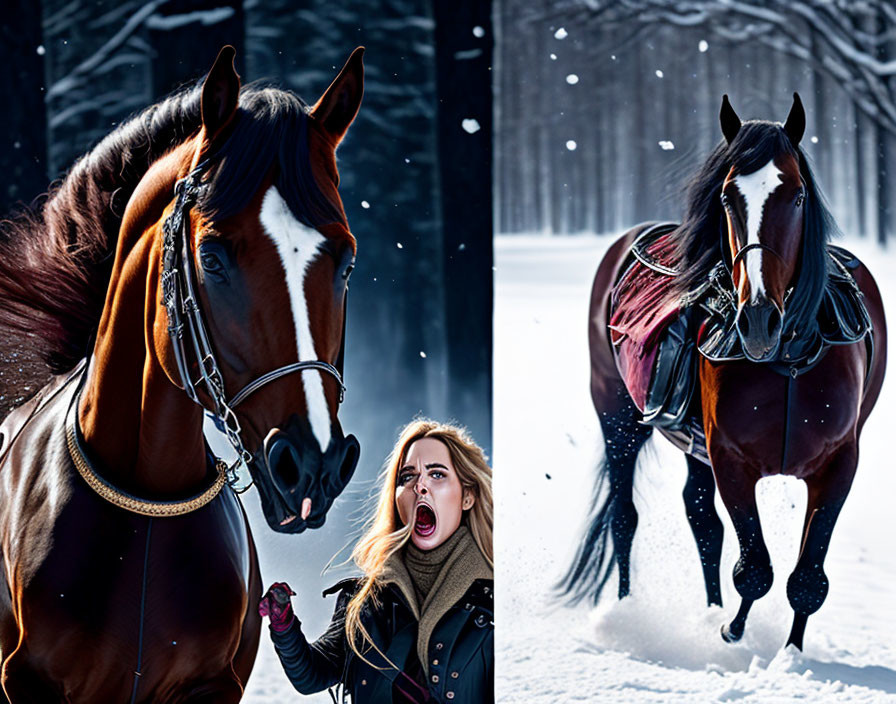 Split image: Woman mimics horse expression & galloping horse in snowy landscape