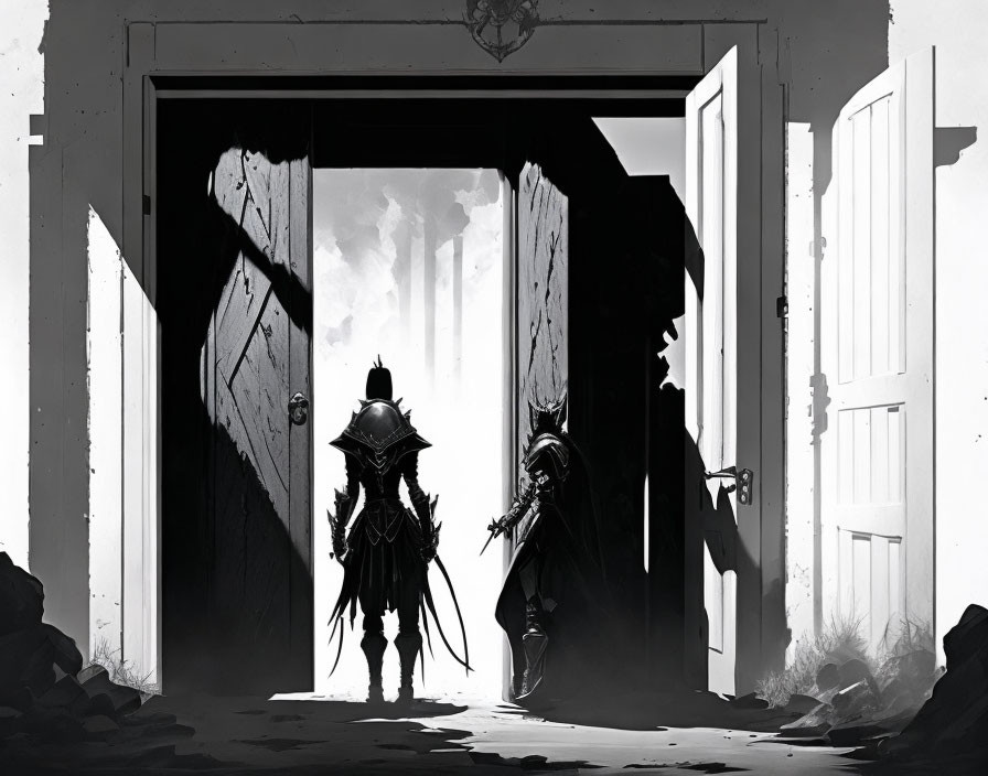 Silhouetted knights in open doorway with bright light