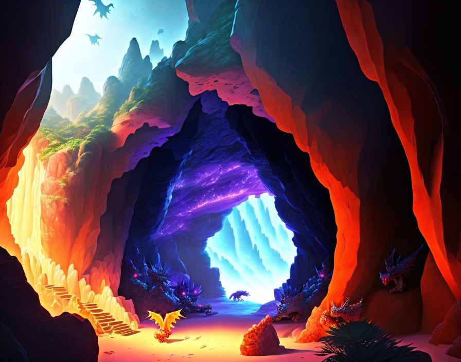 Mystical cave with glowing crystals and fantastical creatures