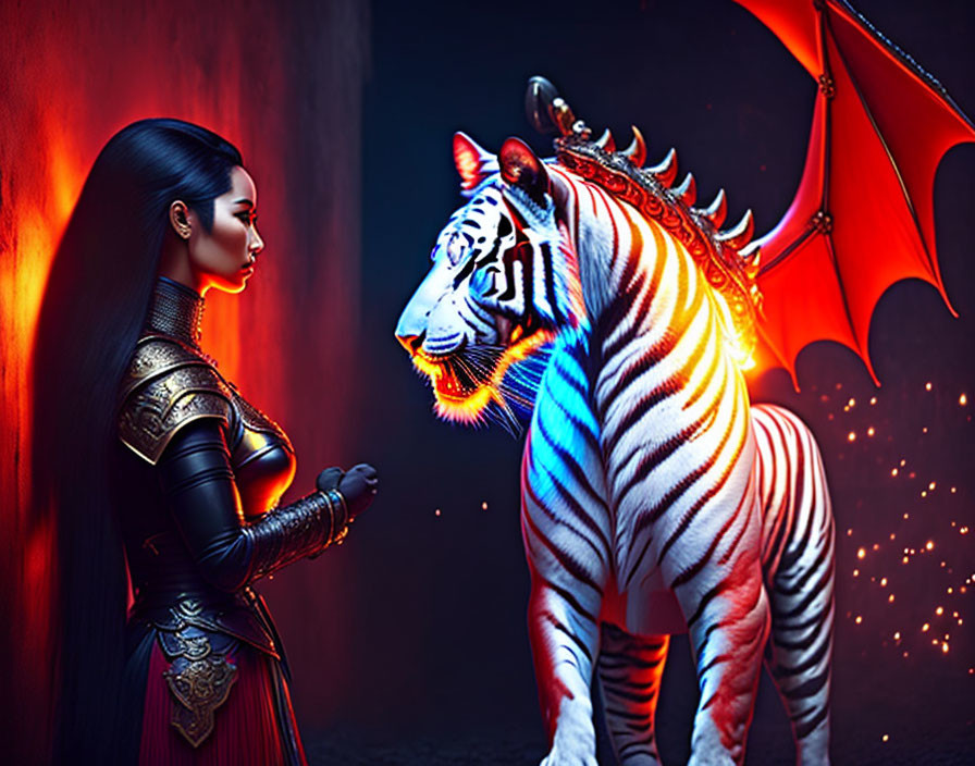 Dark fantasy armor woman confronts glowing skeletal winged tiger in mystical lights