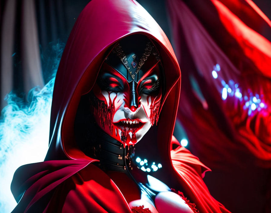 Mysterious figure in red cloak with vampire-like mask in atmospheric setting