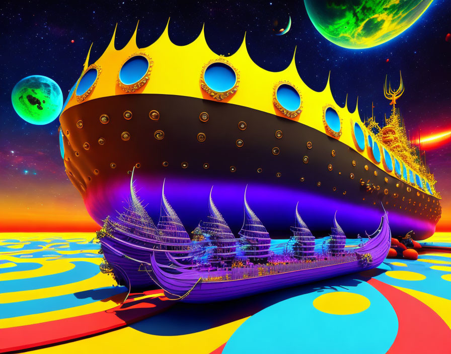 Surreal crown-shaped vessel above colorful landscape with planets