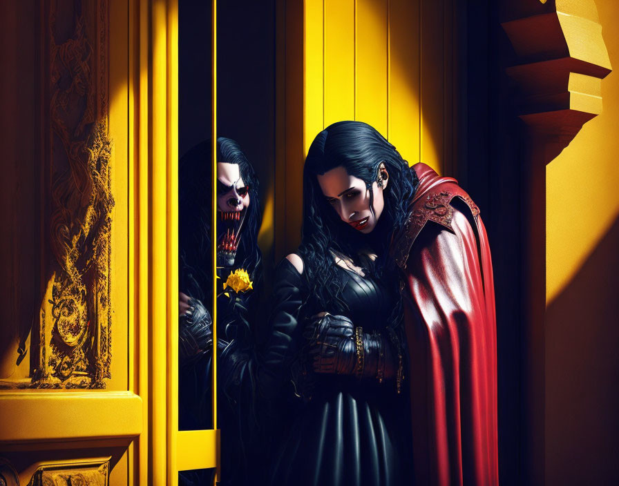 Gothic attire individuals in a yellow-walled room with a flower, creating a mysterious ambiance