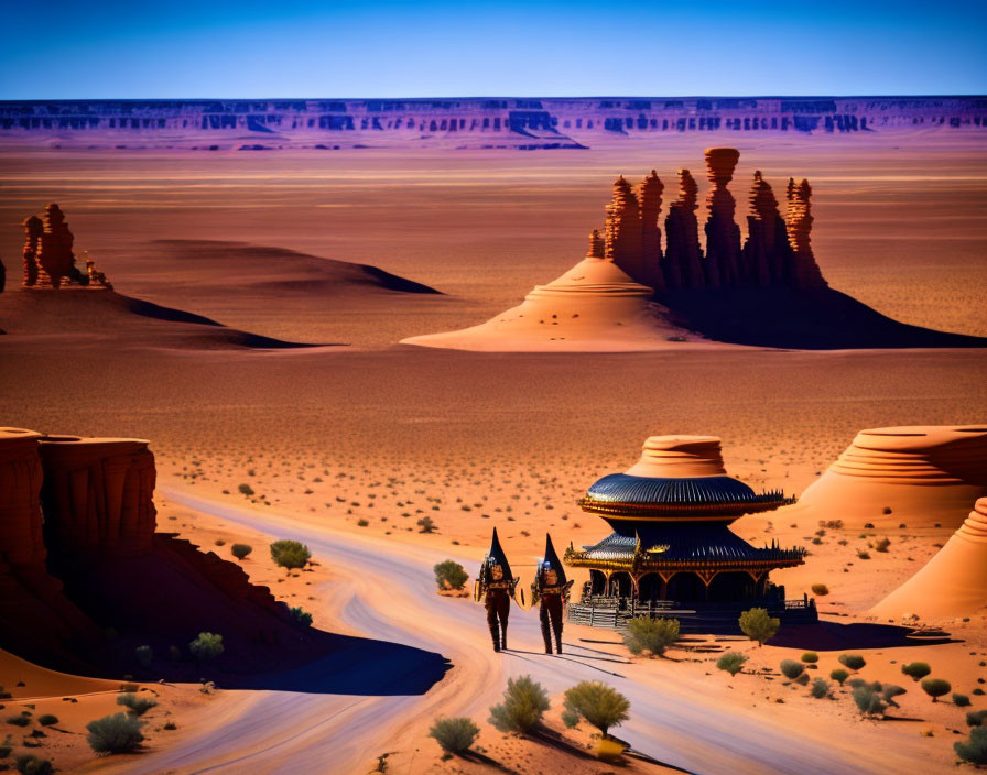 Desert landscape with sand dunes, rock formations, pagoda, and camels