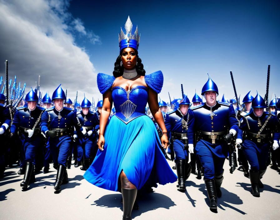 Regal woman in blue costume leads guards with spears