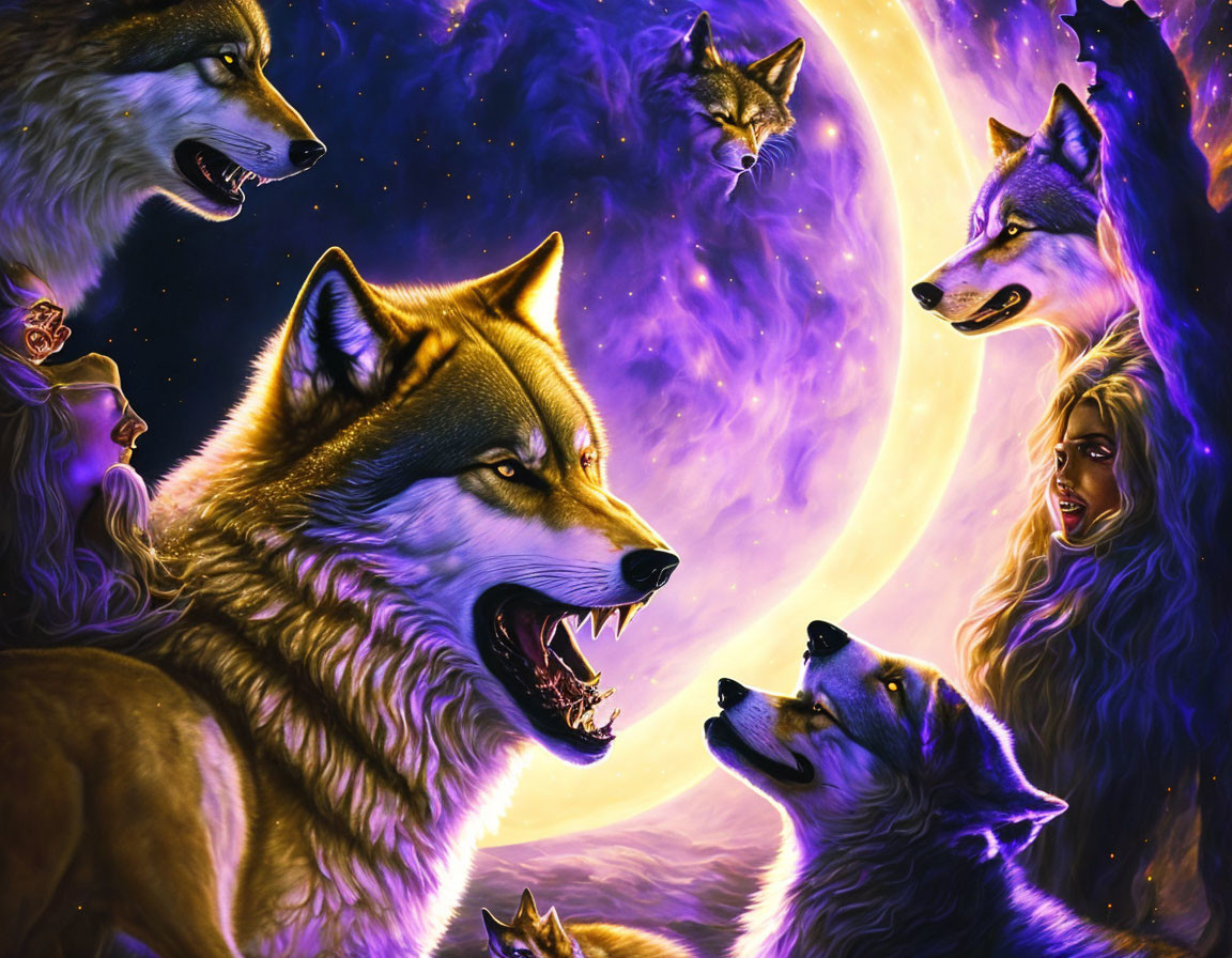 Fantasy artwork: Wolves and ethereal figures under purple moon