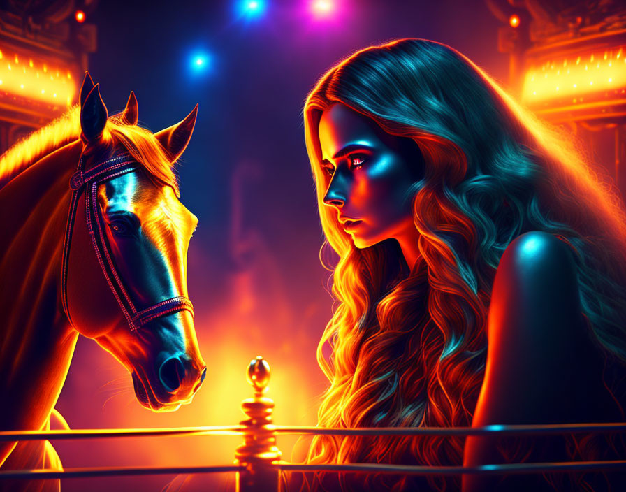 Neon blue and orange glowing woman and horse against dark backdrop