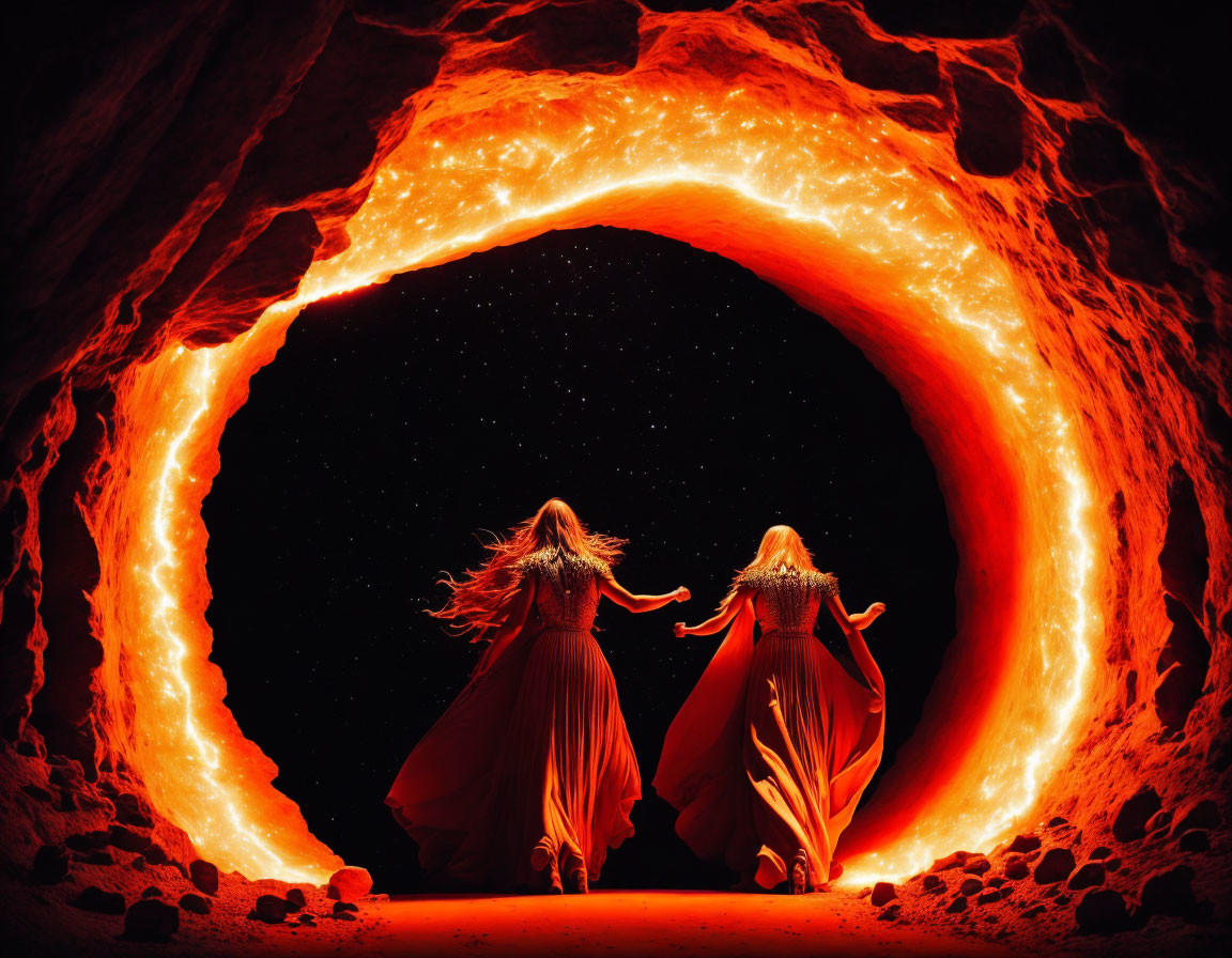 Two individuals in long dresses approaching a fiery portal in a fantastical setting.