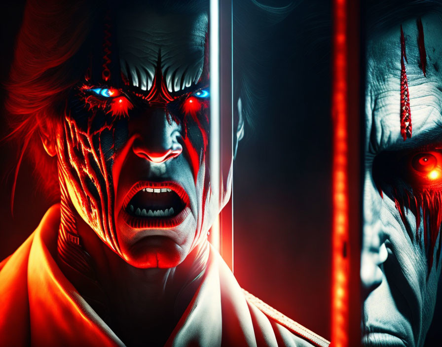 Stylized split image of two characters with glowing eyes and fierce expressions