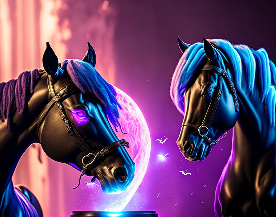 Stylized black and brown horses with glowing accents and purple orb on pink backdrop