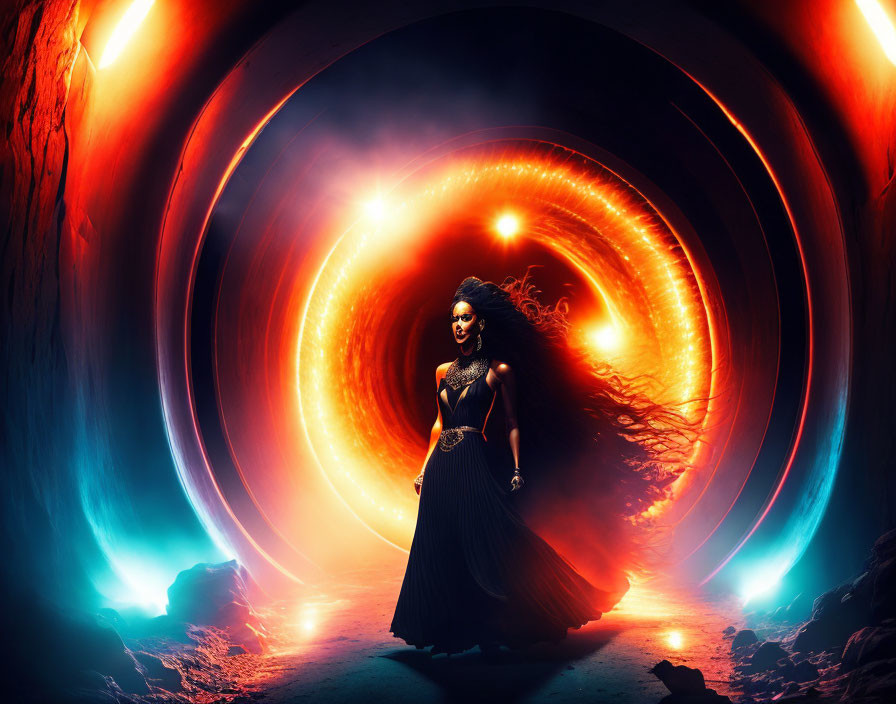 Mystical woman in fiery tunnel with dynamic light spirals