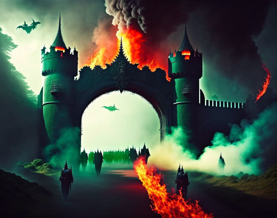 Fantasy castle with towers, dragons, and fire-breathing scene