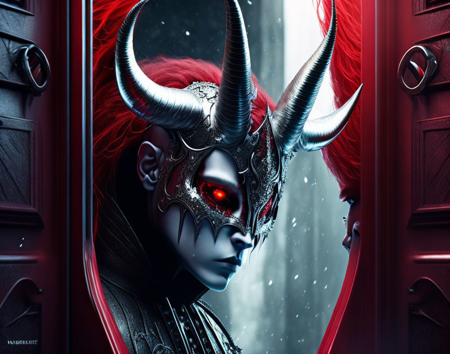 Character with red hair, horns, and silver mask in dark, ornate setting