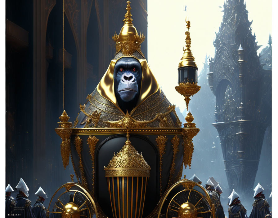 Regal gorilla in golden crown on lavish throne