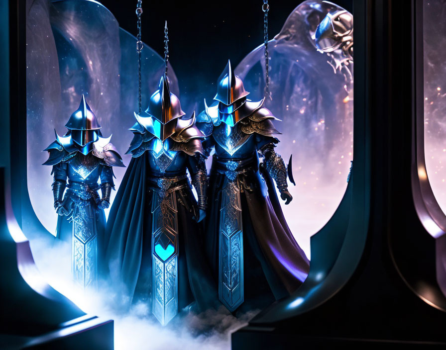 Three intricate knight statues in a dark mystical setting with glowing blue accents.