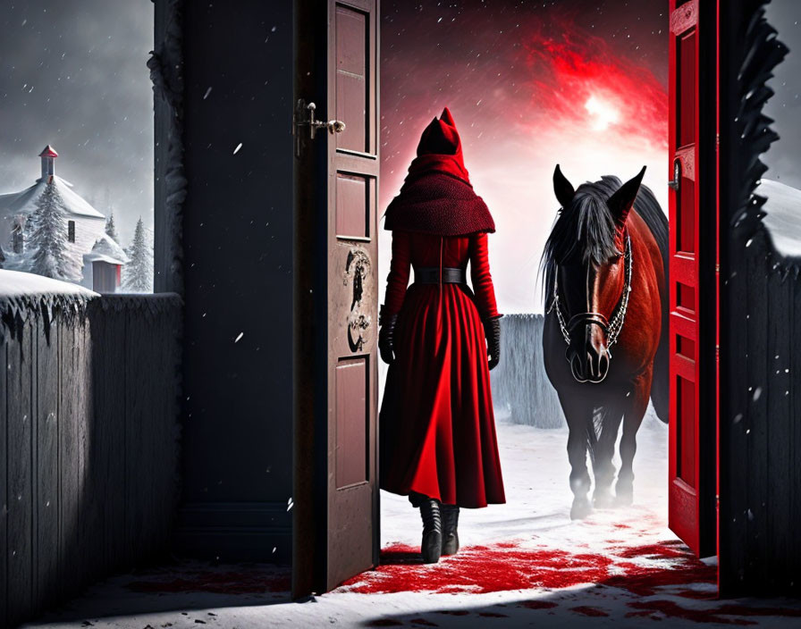 Person in red cloak faces black horse in snowy scene with open red door.