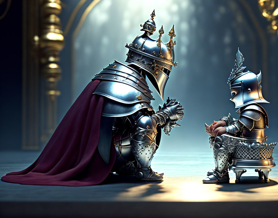 Knight in ornate armor kneeling before child king in grand hall