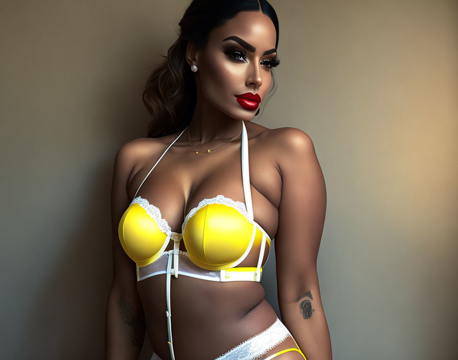 Digital artwork: Woman with tan skin, winged eyeliner, red lipstick, yellow and white bikini