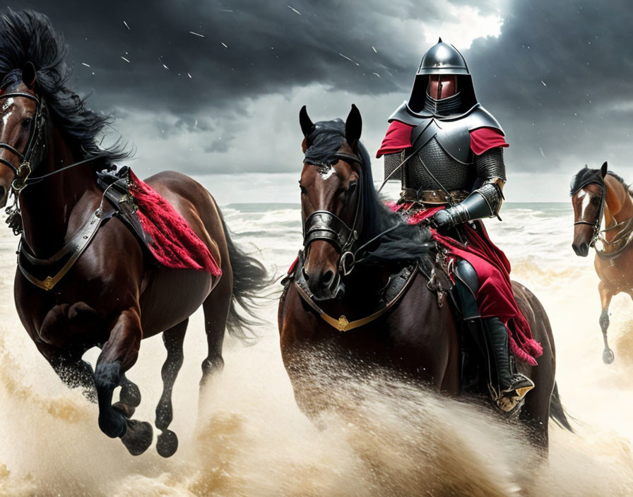 Knight in Shining Armor on Black Horse Amid Stormy Beach