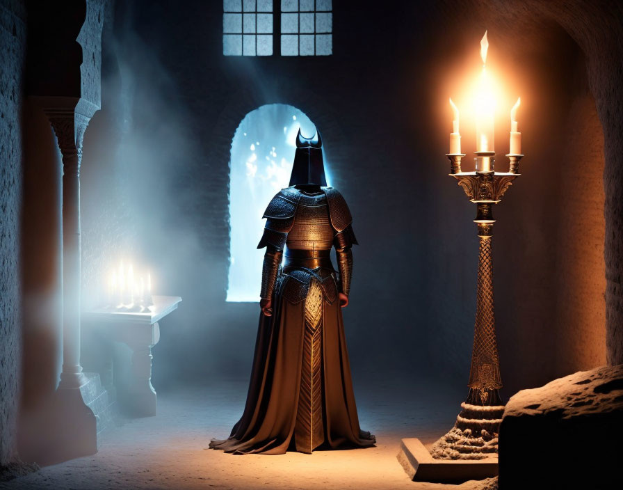 Medieval knight in full armor in candlelit castle chamber with night sky view