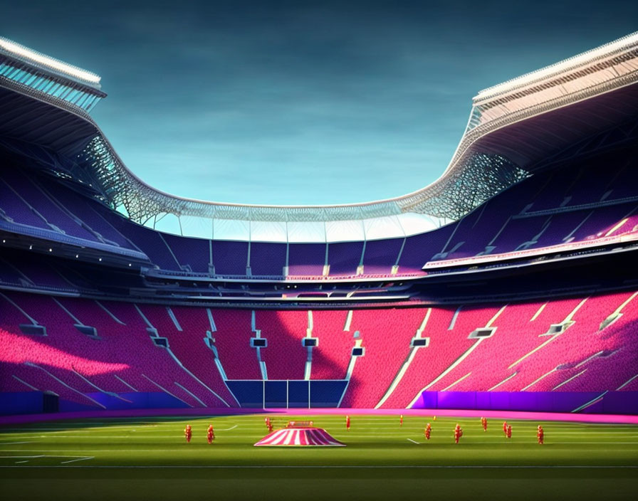 Modern stadium with green pitch, pink and blue seats, dynamic lighting, rugby posts, and digital ads