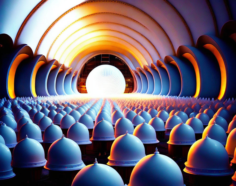 Futuristic tunnel with blue domes and central white orb