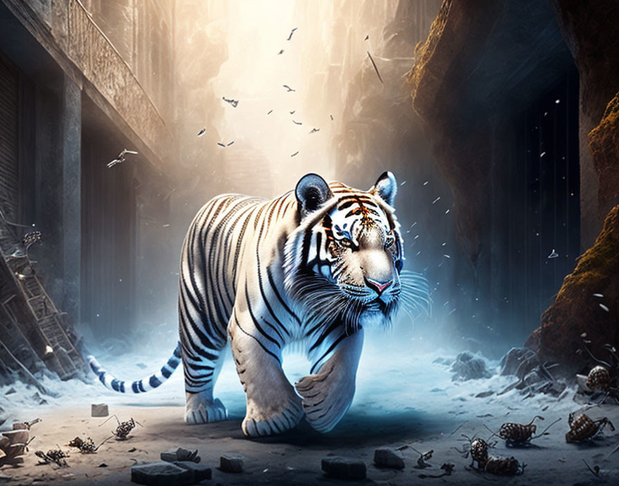 White tiger in surreal urban landscape with flying debris