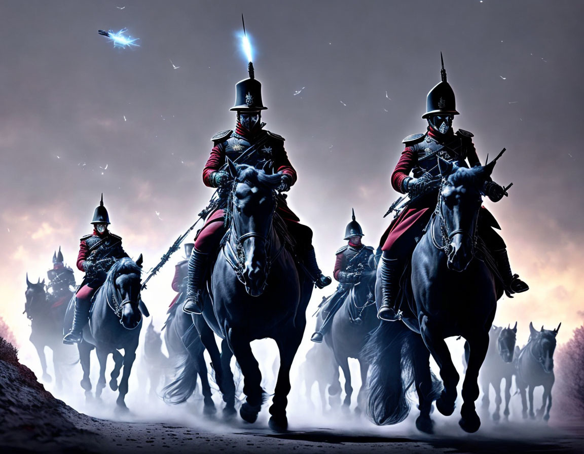 Stylized armored cavalry soldiers on horses under a purple sky.