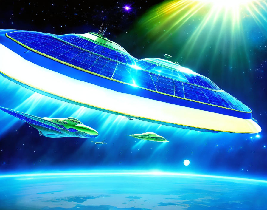 Futuristic solar-powered spacecrafts orbiting Earth with bright blue trails