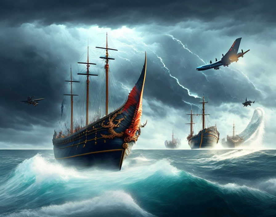 Majestic sailing ship in dramatic sea scene