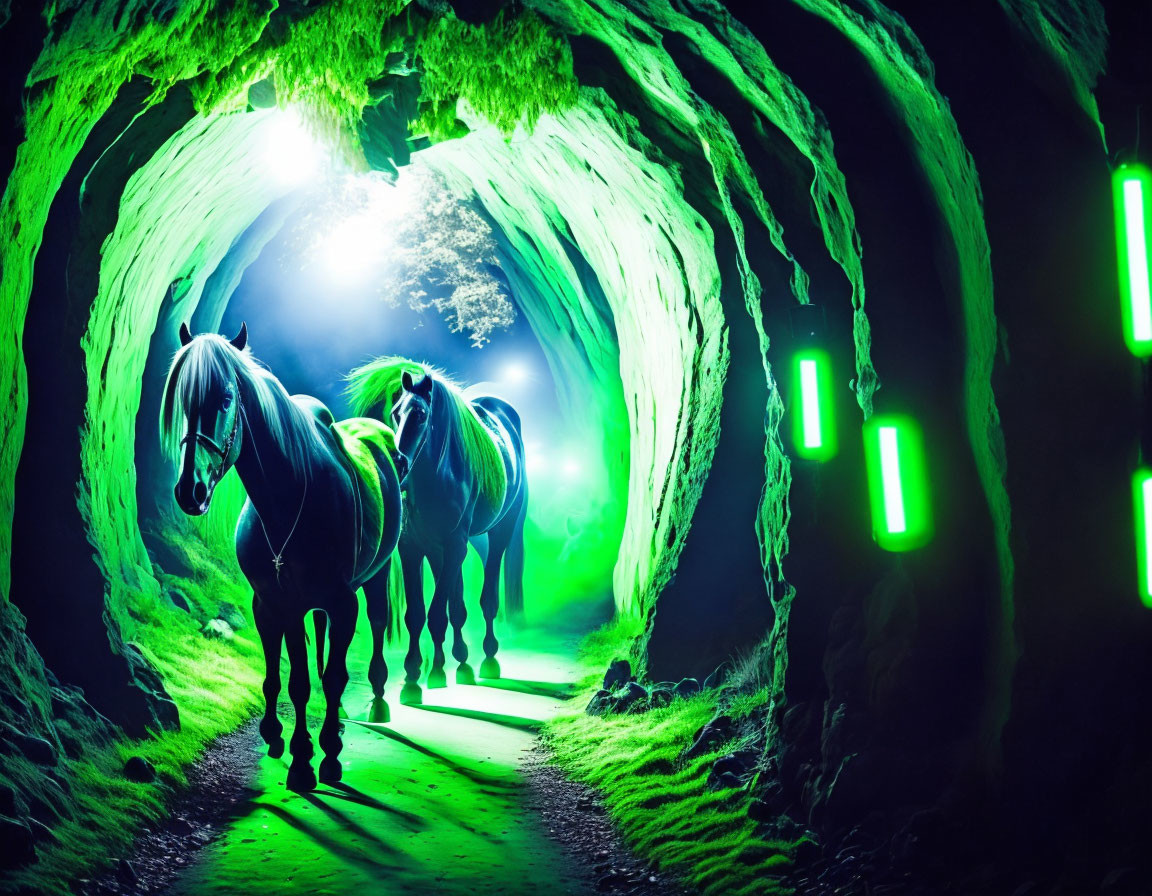 Vibrantly lit neon green cave with two horses.