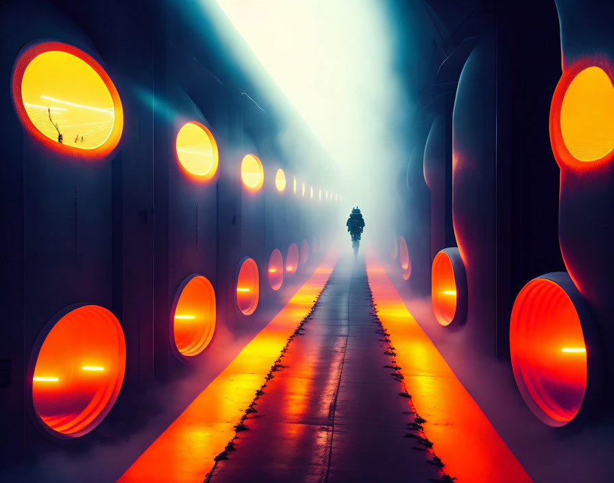 Futuristic corridor with orange lights and mist