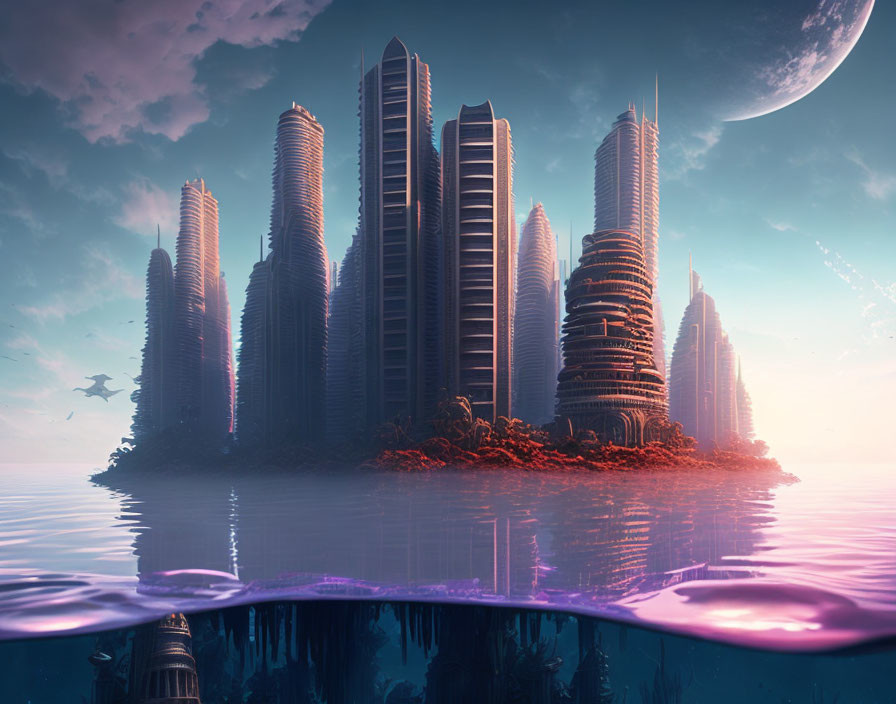 Futuristic cityscape with skyscrapers on an island at dusk