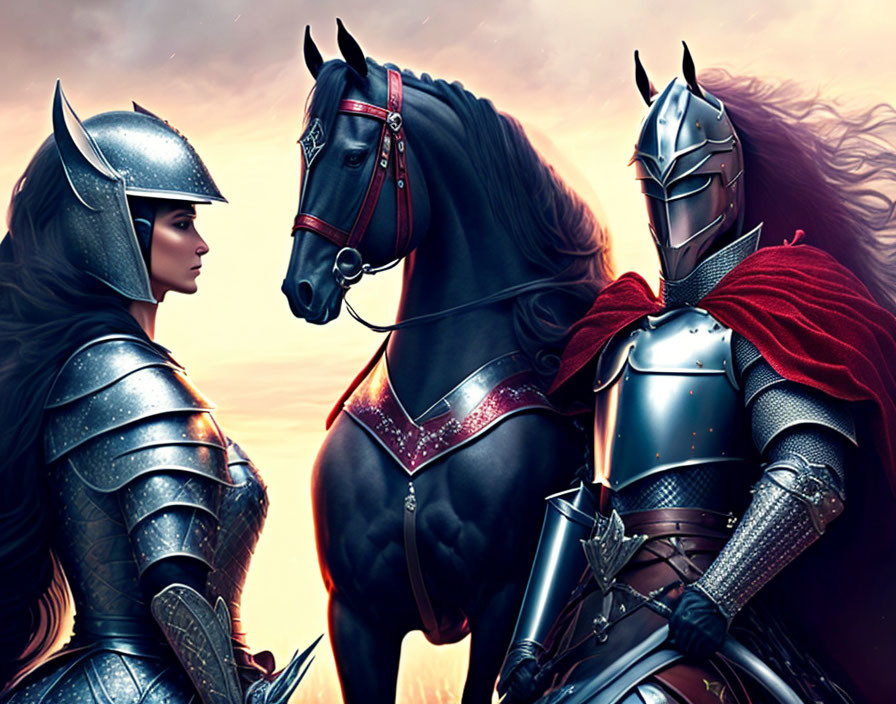 Male and female knights in full armor with majestic horse under dramatic dusk sky