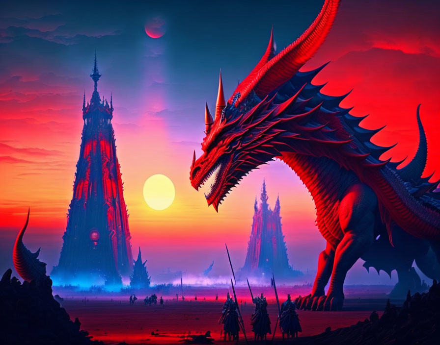 Red dragon and castle scene with figures at sunset