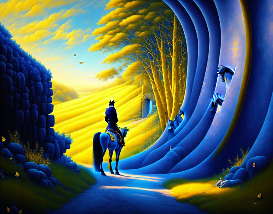 Surreal landscape with cloaked rider on horse, blue path, golden trees, yellow fields.