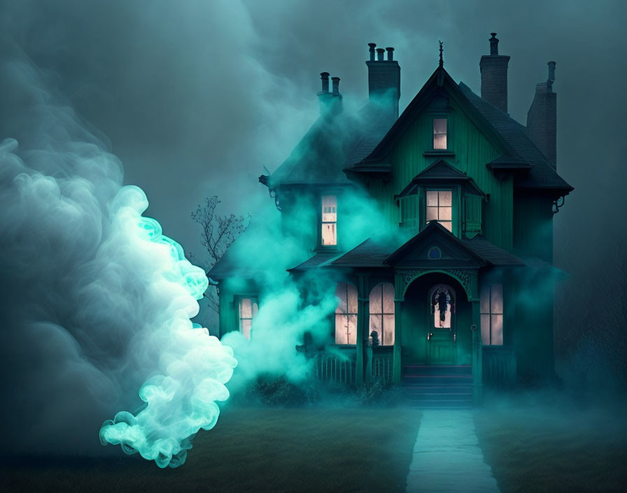 Eerie Victorian house in mist with blue-green lighting and ethereal wisps