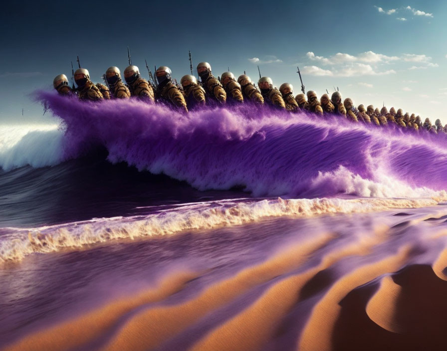 Digital art: Multiple mosques with minarets on purple wave at beach