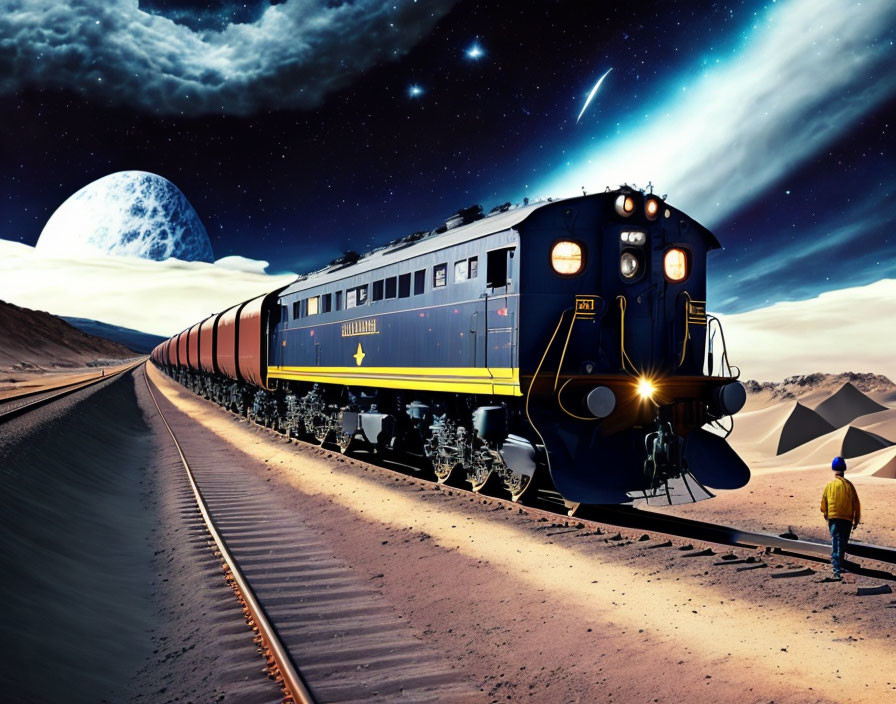 Person observing train in desert with starry sky and pyramids.