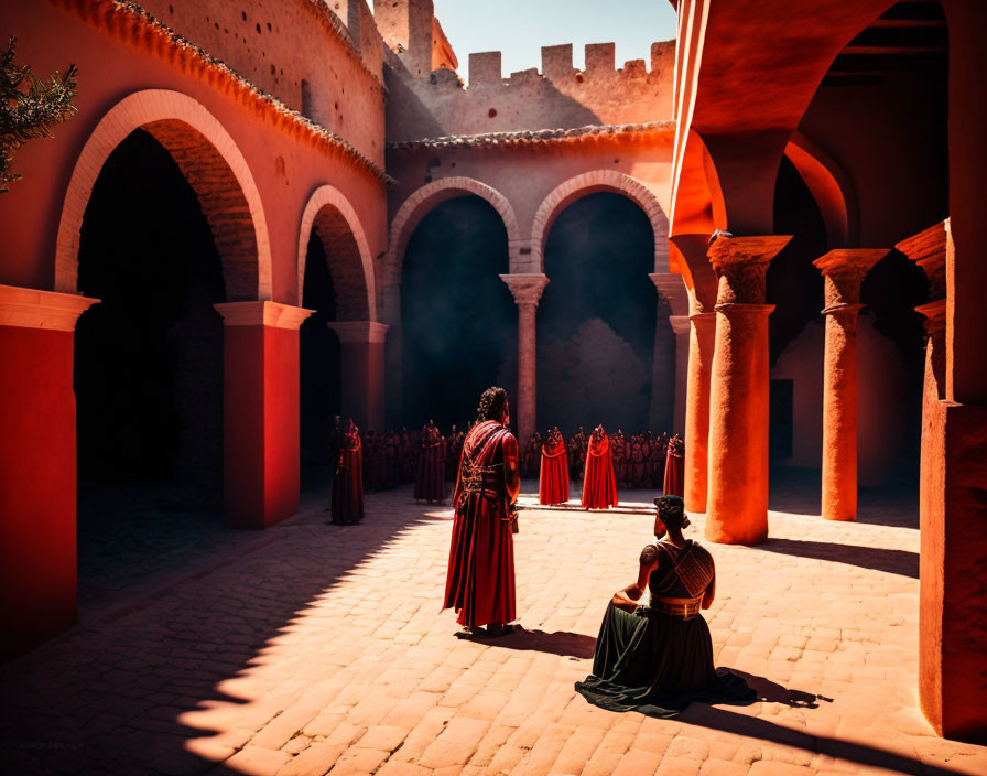 Group of Individuals in Red Cloaks in Historical Courtyard