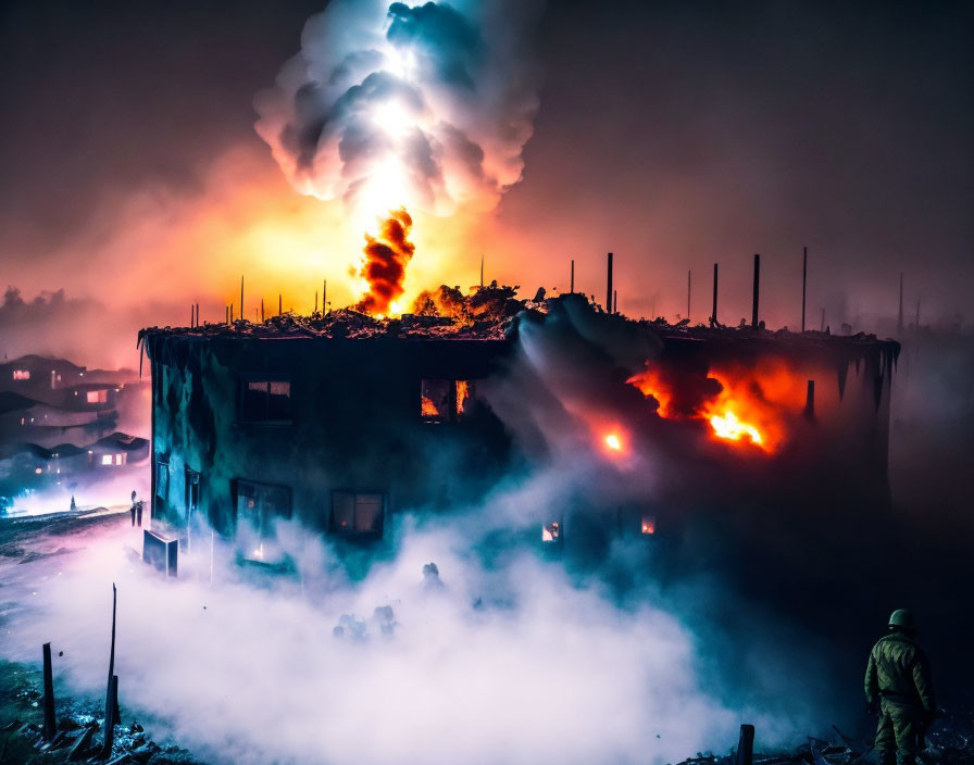 Massive night fire at building with firefighter and smoke.