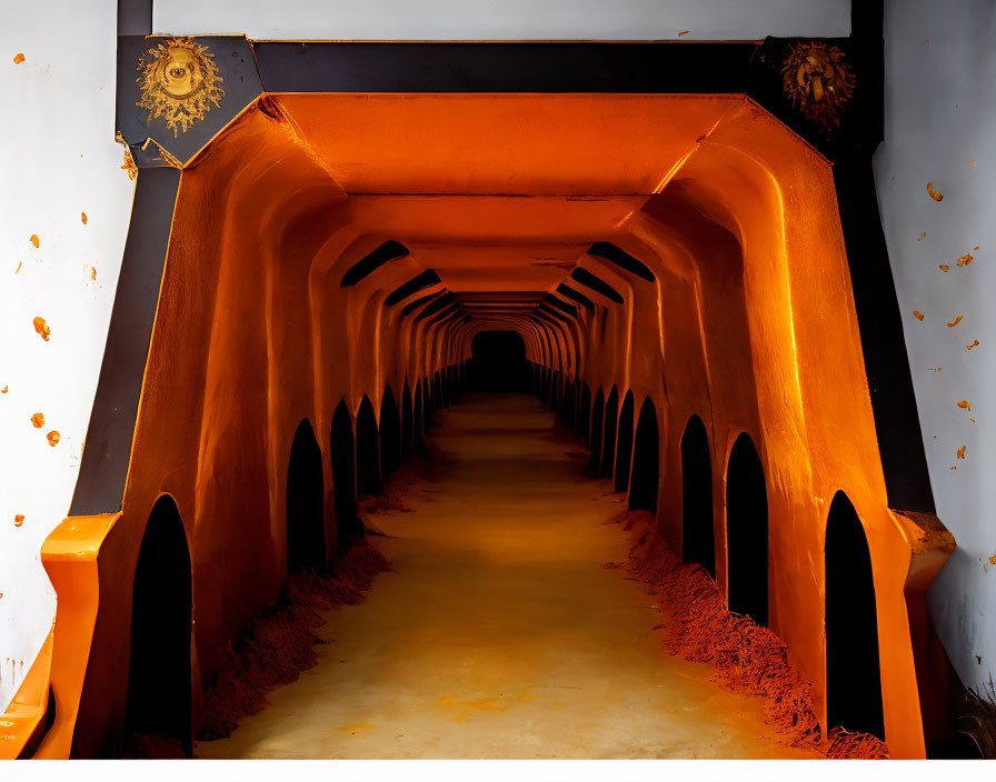 Vibrant Orange Corridor with Arched Doorways and Traditional Decorative Elements